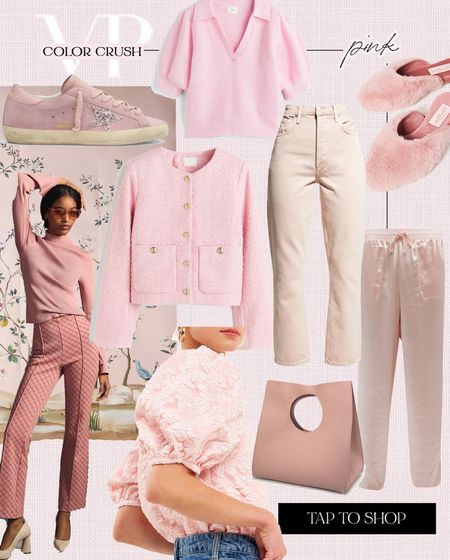 Color crushing on pink 
Pink slippers
Pink boucle jacket
Pink denim
Blush denim
Blush leather handbag
Blush bell sleeve top 
Pink top
Pink outfit 
Pink bag
Pink pajamas
Pink sneakers


#LTKSeasonal #LTKunder100 #LTKFind
