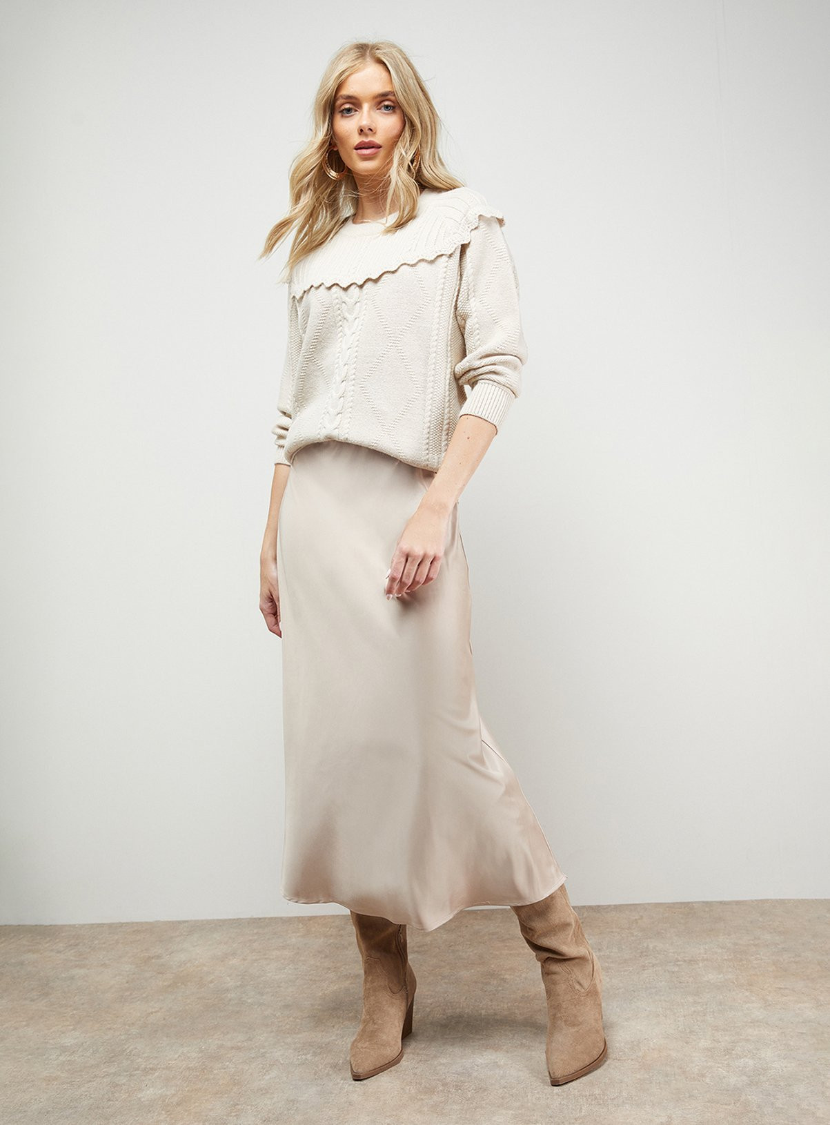 Ivory OASIS Bias Cut Satin Midi Skirt | Tu Clothing