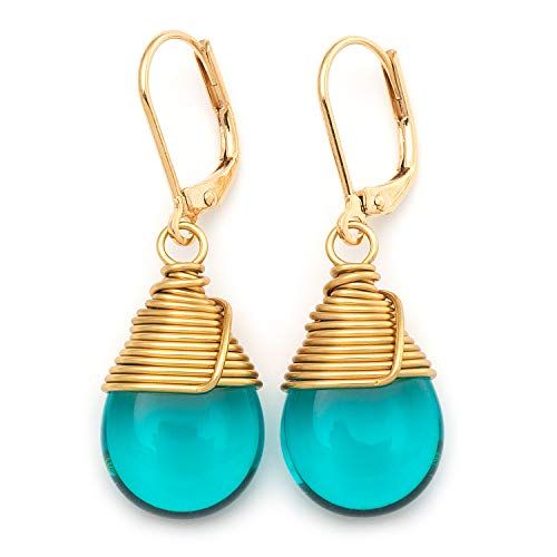 Teal Czech Glass Wire-wrapped Drop Gold Lever-back Earrings 1.4 Inches | Amazon (US)