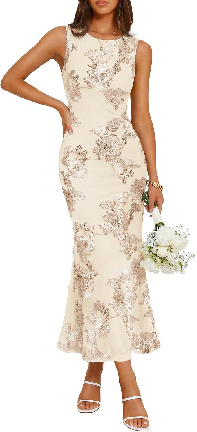 ZESICA Womens 2026 Summer Floral Wedding Guest Midi Dress Sleeveless Mesh Slit Bodycon Formal Coc... | Amazon (US)