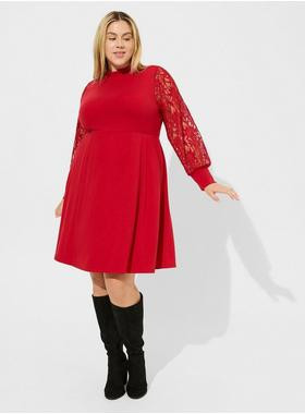At The Knee Jersey Lace Sleeve Mock Neck Skater Dress | Torrid (US & Canada)