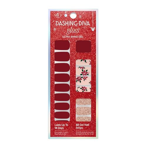 Dashing Diva Gloss Nail Strips - Poinsettia Princess - UV Free, Chip Resistant, Long Lasting Gel Nail Stickers - 3-Piece Holiday Manicure Set - Contains 32 Wraps, 1 Prep Pad, 1 File | Amazon (US)