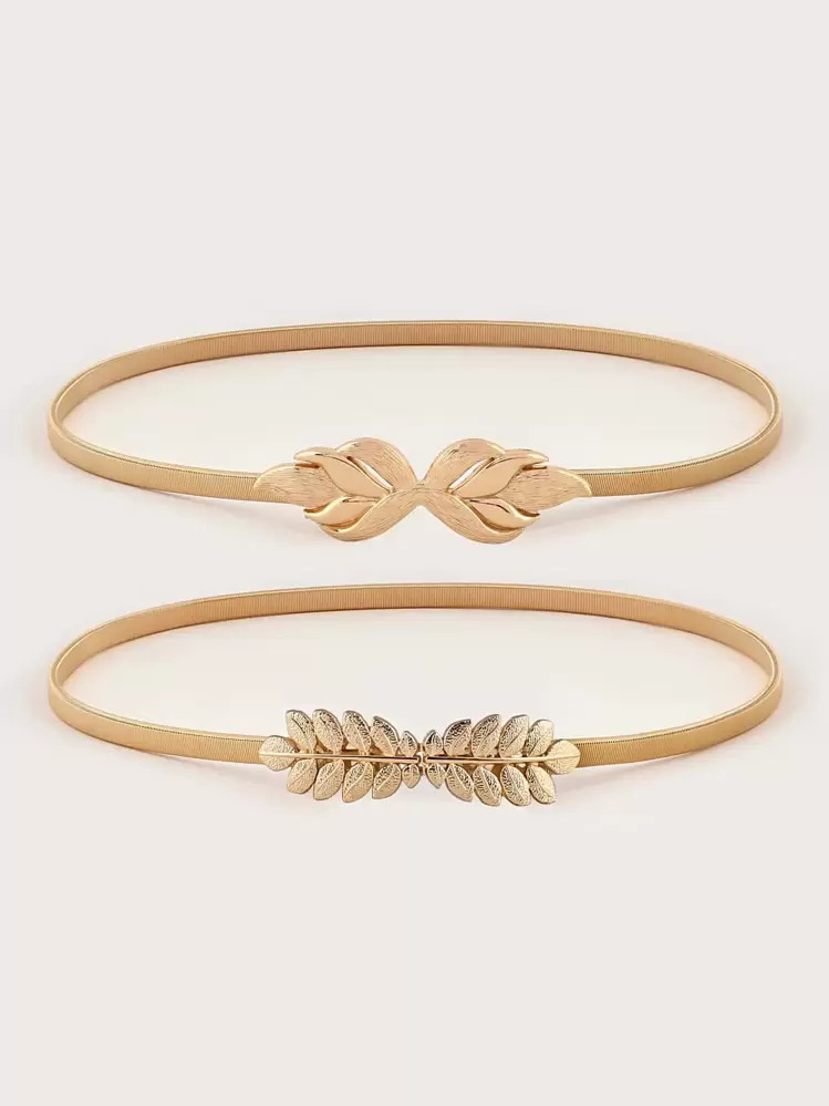 2pcs Women Metallic Leaf Buckle Gold Belt Set | SHEIN
