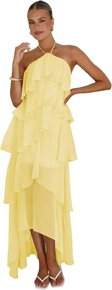 Halter Bridesmaid Dress Long Layered Chiffon Maxi Dress A Line Sundresses Formal Wedding Guest Dr... | Amazon (US)
