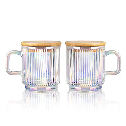 Joeyan Iridescent Glass Coffee Mugs Set of 2-11.5 oz Striped Coffee cups with Lid - Large Drinking Glasses with Handle for Latte, Coffee, Tea, Milk, Juice | Amazon (US)