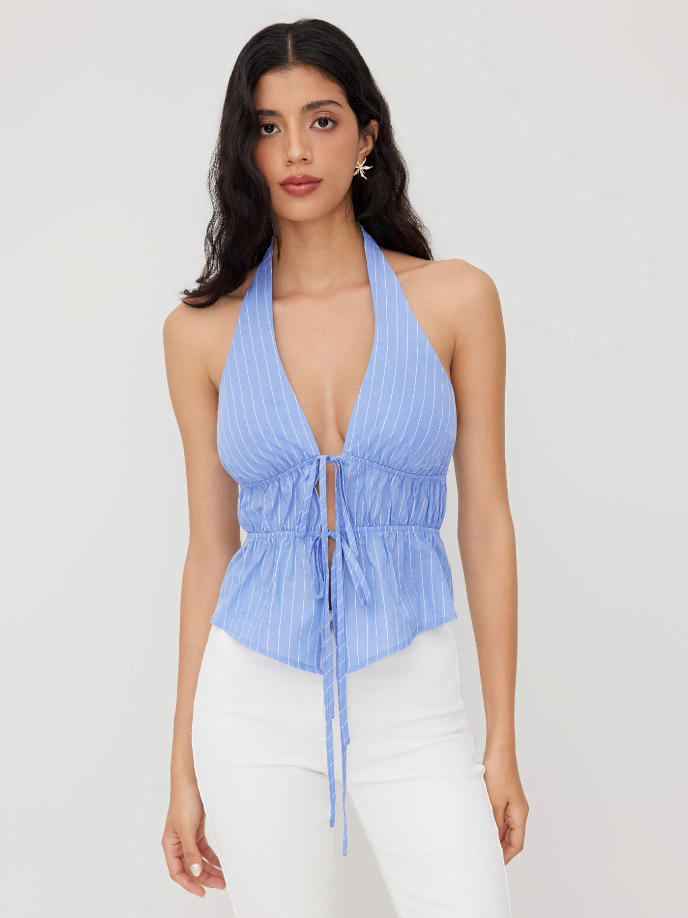 Woven 100% Cotton Halter Neckline Stripe Tie Front Tank Top For Daily Casual | Cider