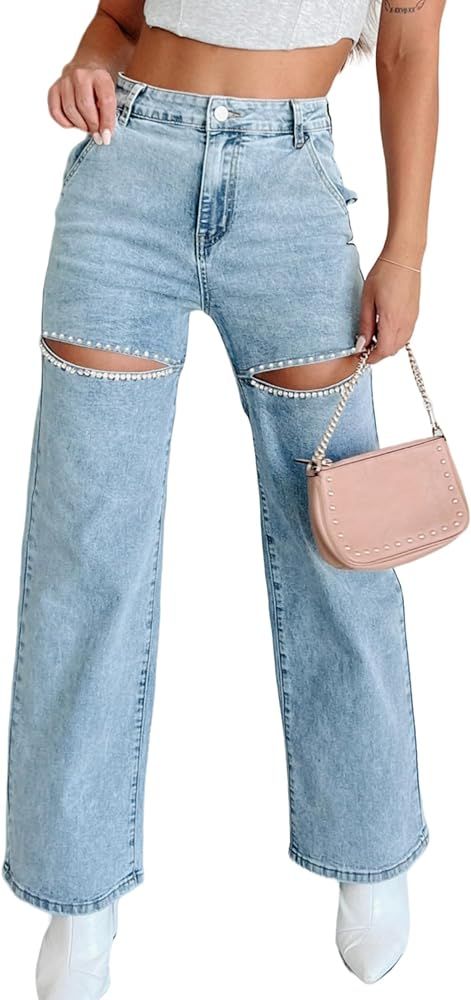 Kedera Women High Waist Denim Jeans Rhinestone Trim Bling Jeans Plus Size Denim Pants | Amazon (US)