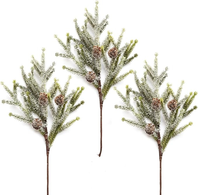 3 Pack Christmas Cedar Pine Picks Frosted Artificial Pine Tree Branches with Pinecones Winter Sno... | Amazon (US)