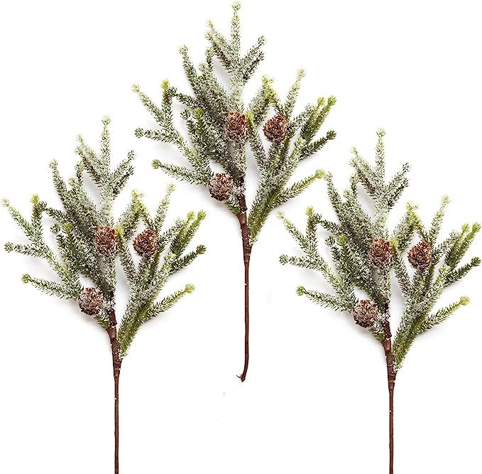 3 Pack Christmas Cedar Pine Picks Frosted Artificial Pine Tree Branches with Pinecones Winter Sno... | Amazon (US)