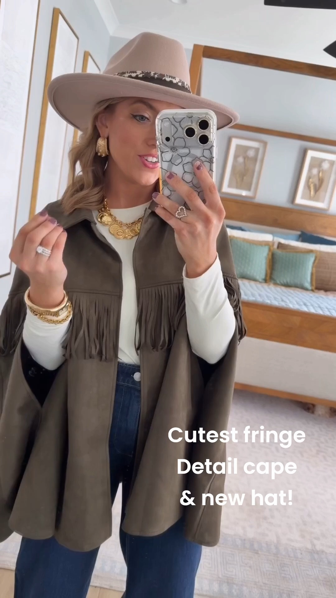 One of the most FUN Walmart fashion new arrivals! 😍 This fringe cape instantly makes a simple white top and wide leg jeans feel like a whole outfit. I love the rich brown tone, western-inspired fringe, tall hat, and boots together. Such a cute statement layer for fall that looks incredibly elevated! 🤎✨

#WalmartFashion #WalmartFinds #WalmartNewArrivals #FallFashion #WesternStyle #FringeJacket #CapeStyle #WideLegJeans #FallOutfitIdeas #AffordableFashion #WalmartStyle #WalmartOutfit

#LTKootd #LTKPetite