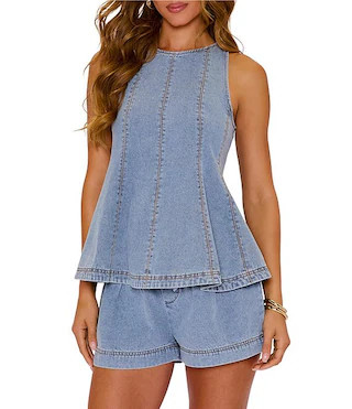 Coordinating Denim Contrast Seam Crew Neck Sleeveless Peplum Blouse | Dillard's
