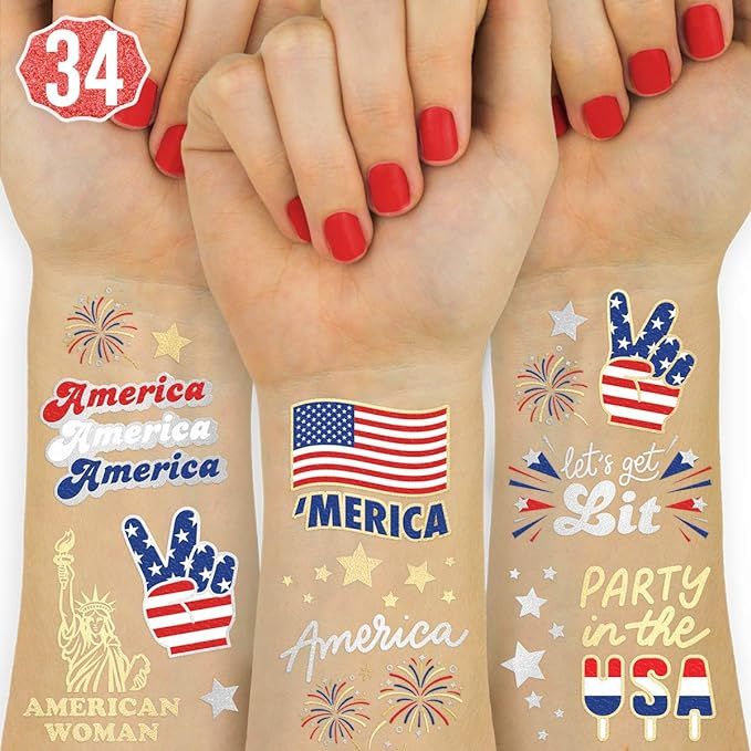 xo, Fetti Fourth of July Party Supplies Temporary Tattoos - 34 Glitter Styles | American Flag, 4t... | Amazon (US)
