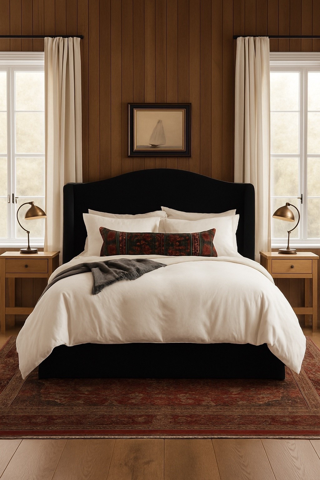 Moody bedroom rendering from one of my mood boards. I love wood paneling in a primary bedroom with a black bed and red Persian rug. 

#LTKHome