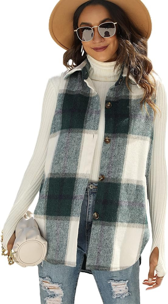 Tanming Women's Plaid Vest Brushed Flannel Sleeveless Shacket Shirt Jacket with Pockets | Amazon (US)