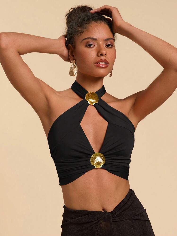 Travachic Solid Hollow Metallic Shell Decor Women's Tank Top, Sexy Beach Resort Style | SHEIN