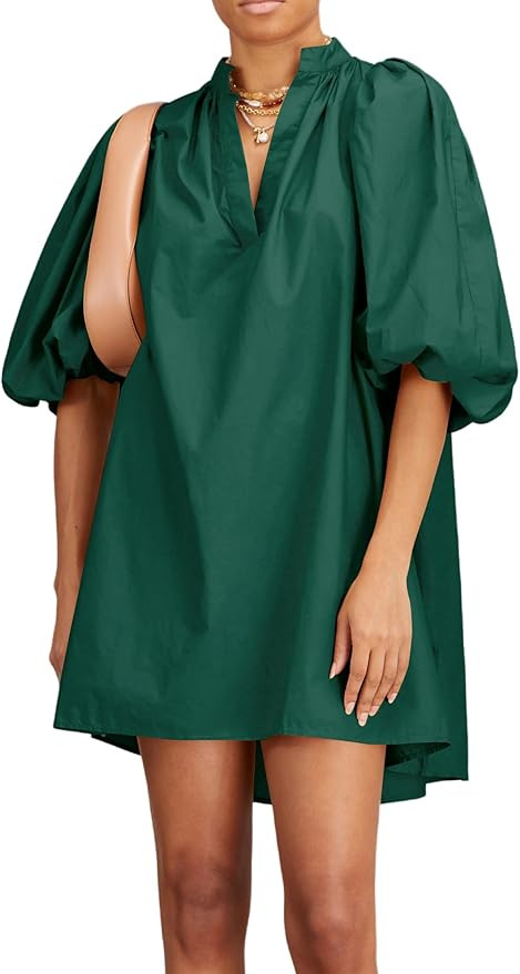 Women Babydoll Mini Dress Summer Casual Cotton V Neck Puff Lantern Sleeve Loose A Line Cute Dress | Amazon (US)
