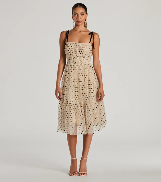 Timeless Look Bow Strap Polka Dot Tulle Midi Dress | Windsor Stores