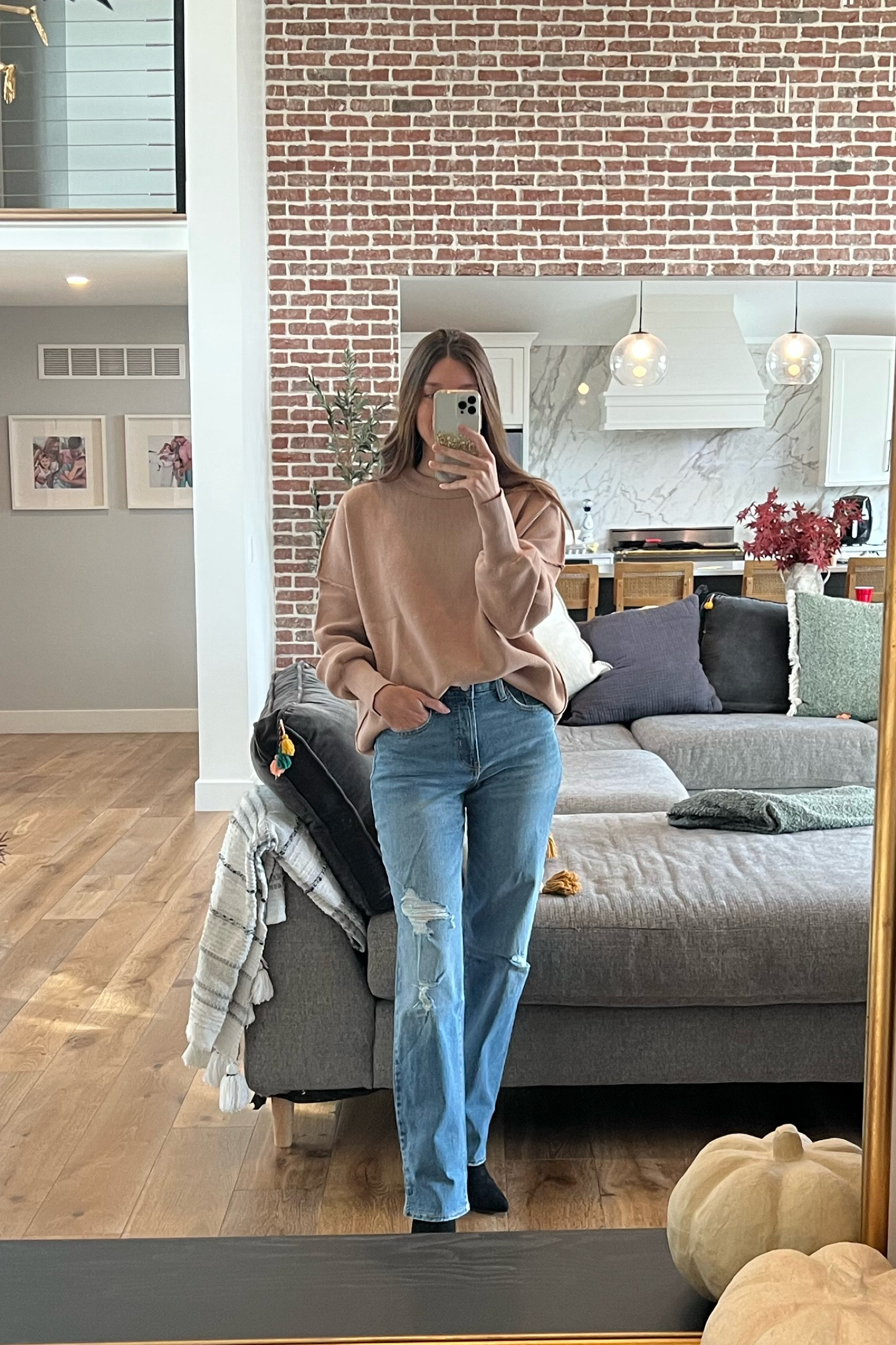 High waisted OG loose fit boyfriend jean. Old navy denim. 5’7.5 wearing a tall length. Fall family photo outfit. Thanksgiving outfit. Neutral tan oversized batwing sweater Amazon 

#LTKfindsunder50 #LTKover40 #LTKstyletip