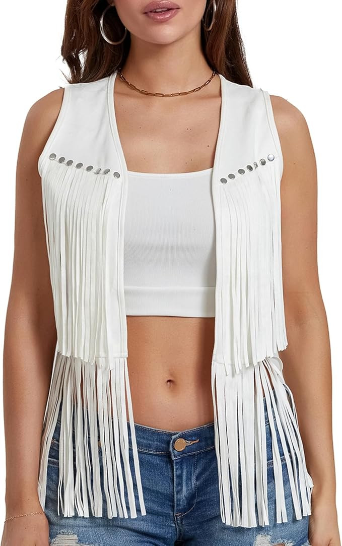 Women Fringe Vest 70s Hippie Costume Sleeveless Rivets Tassel Open Front Faux Suede Waistcoat Wes... | Amazon (US)