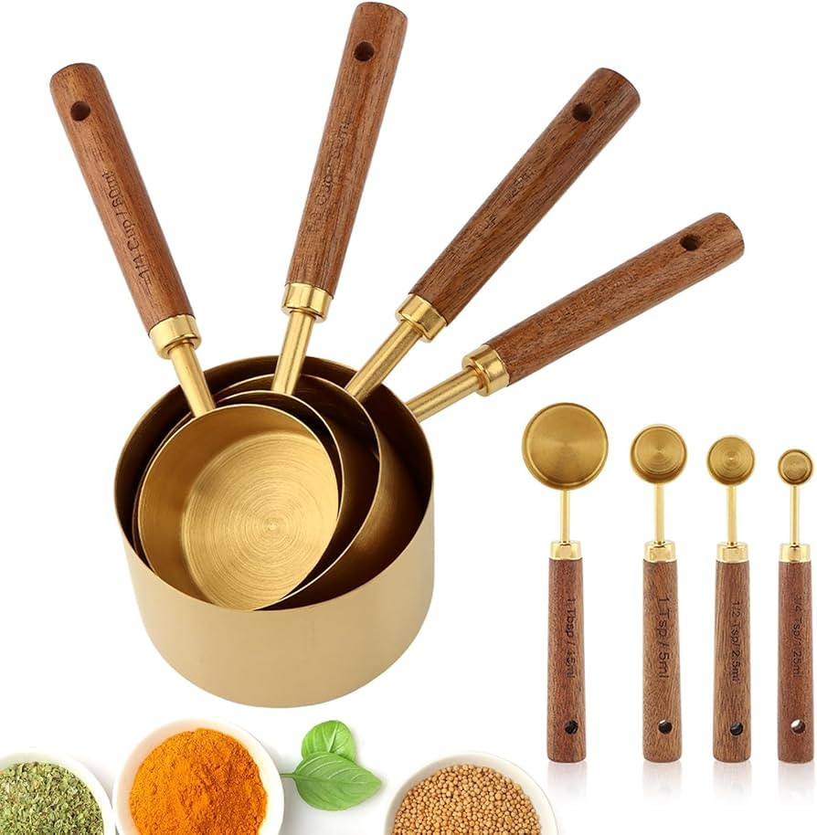 8Pcs Measuring Cups and Spoons Set, Stackable Measuring Cups with Wooden Handle, Stainless Steel ... | Amazon (US)