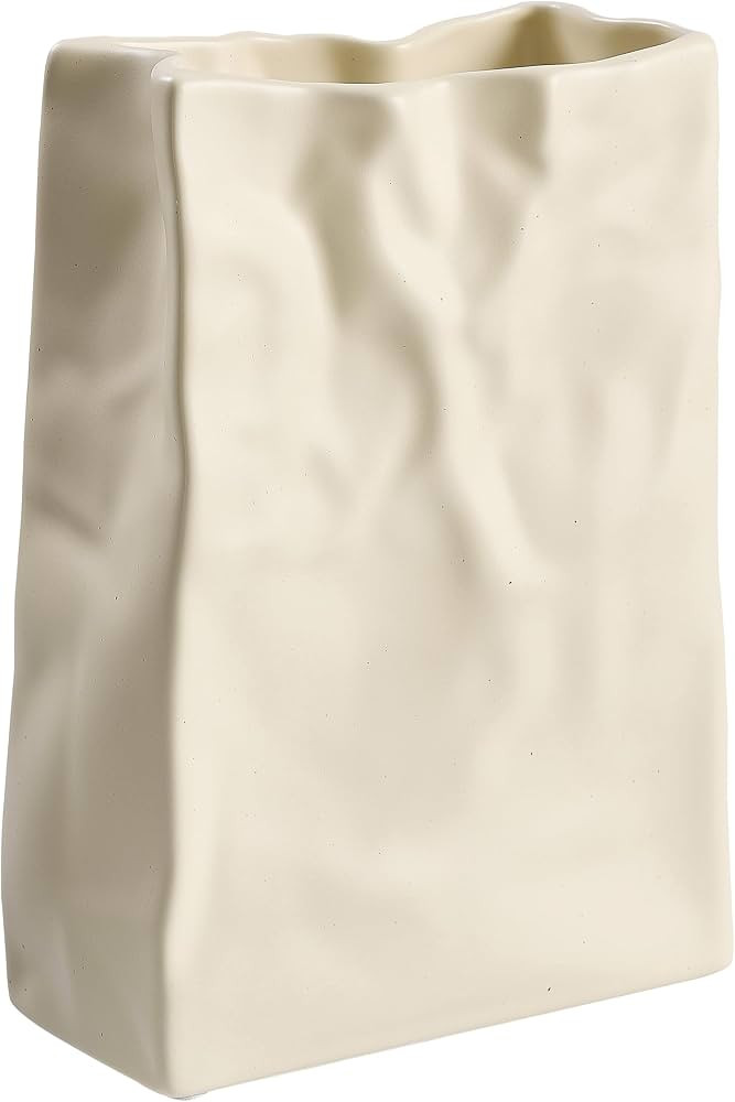 Paper Bag Vase Crinkle Wide Ceramic Flower Vase Cream White Boho Wabi-Sabi Vases, Cute Home Offic... | Amazon (US)