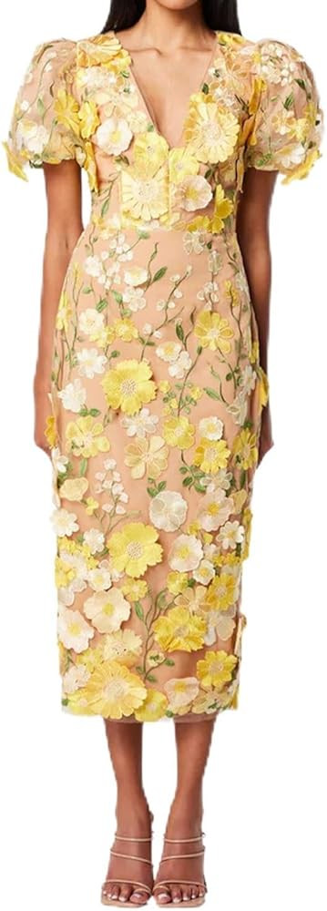 Women's 3D Floral Embroidery Dress Ruffle Sleeve Fishtail Lace Bodycon Party Cocktail Mini Dress | Amazon (US)