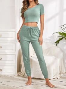 Ribbed Knit Tee & Tie Waist Pants Lounge Set SKU: si2111172129221919(500+ Reviews)$14.99$14.24Exc... | SHEIN