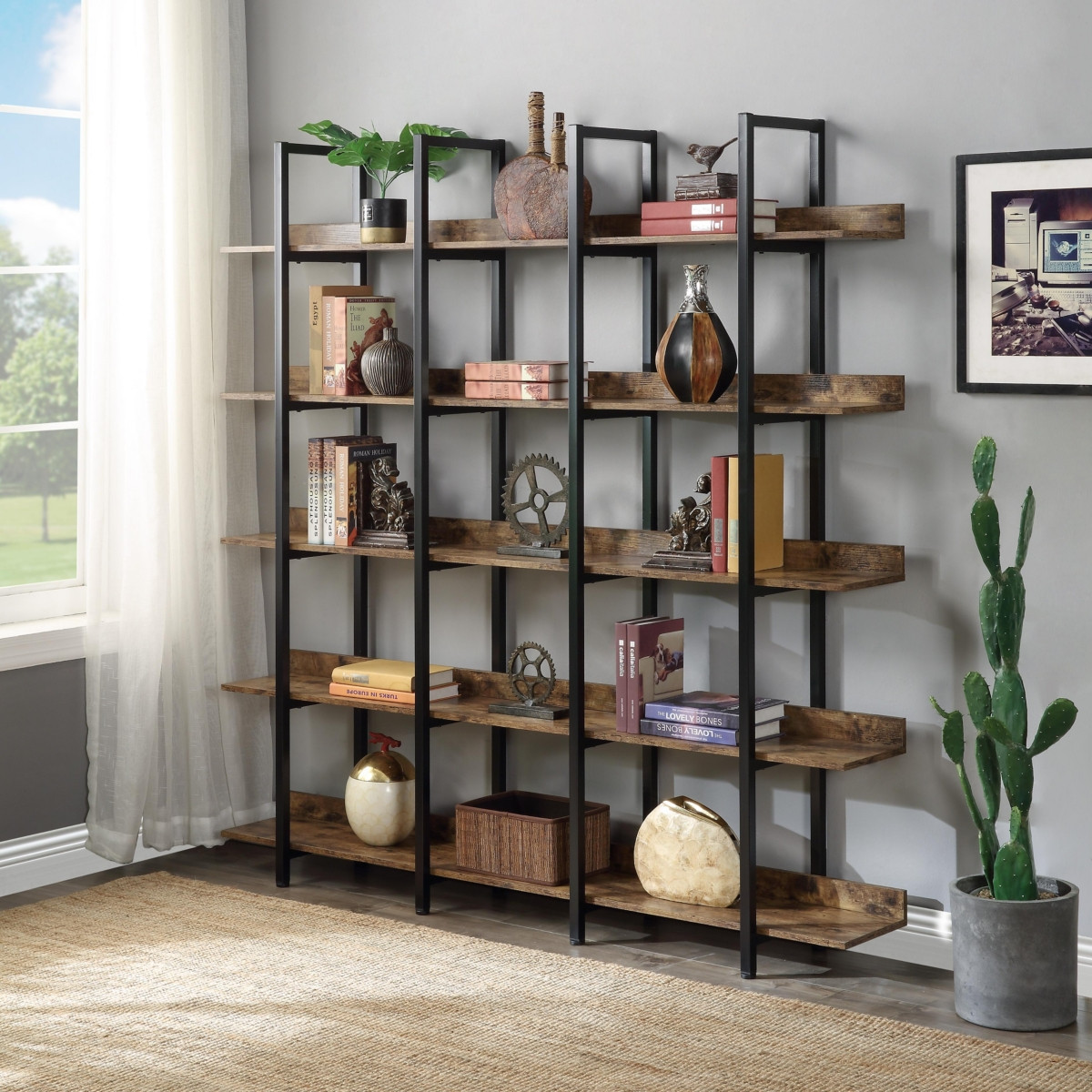 5 Tier Bookcase Home Office Open Bookshelf, Vintage Industrial Style Shelf With Metal Frame - Brown | Macy's