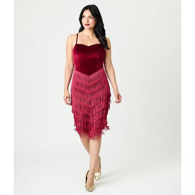 Unique Vintage Women's Fringe Pencil Dress Burgundy S/4 | Target