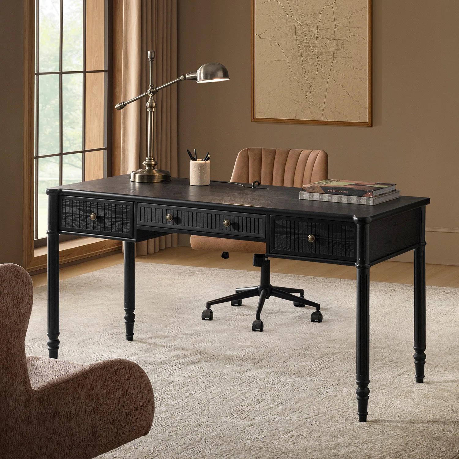 Hoai 60''W Transitional Fluted Simple Assembly Desk With Charging Station And Cable Management | Wayfair North America