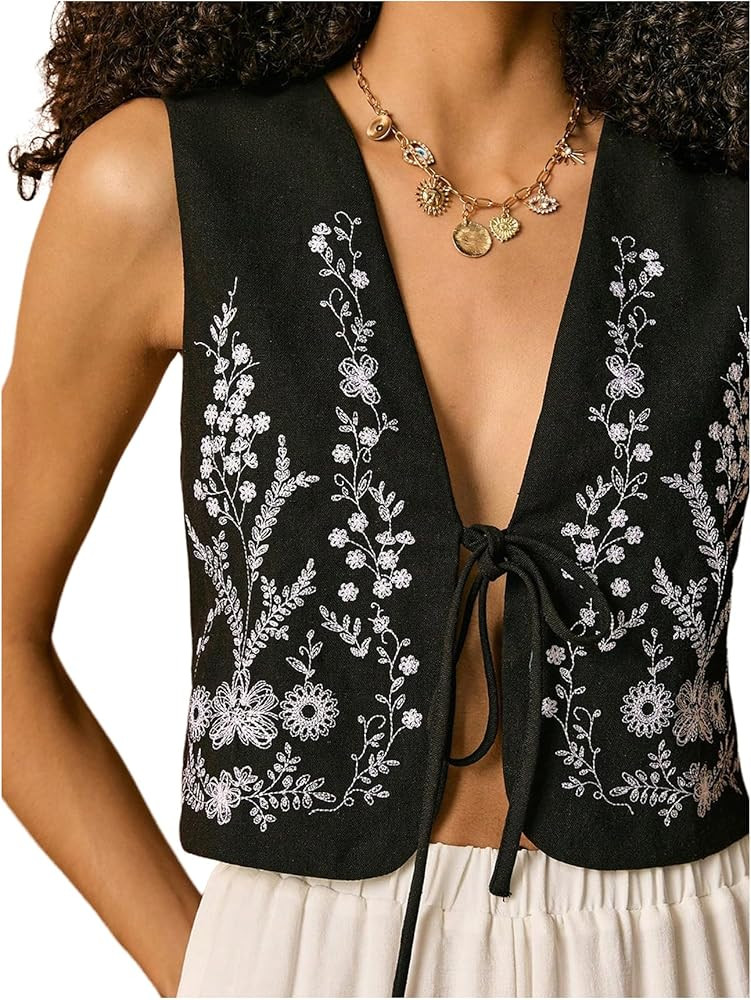 GORGLITTER Women's Western Crop Vest Tops Boho Floral Embroidered Tie Front Sleeveless Country Co... | Amazon (US)