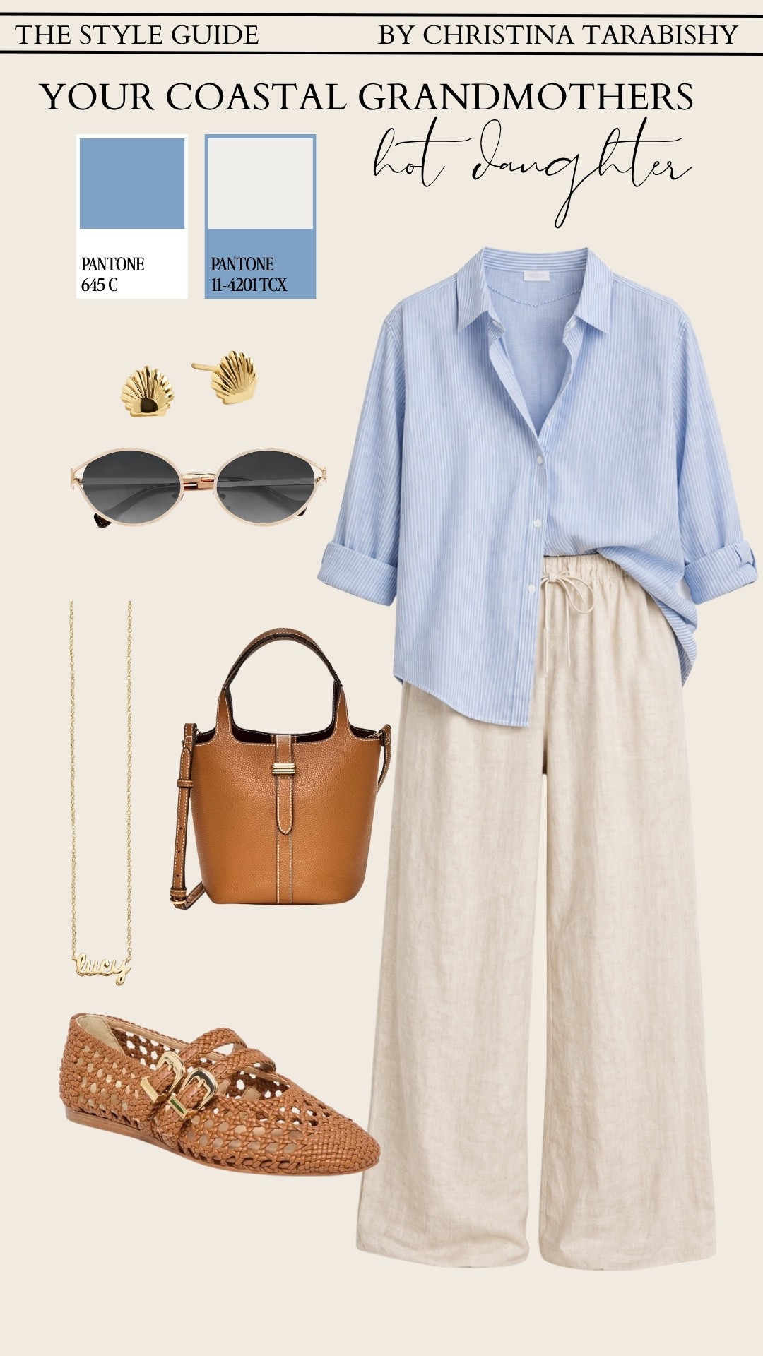 @Aritzia Striped button down, Aritzia wide leg linen trousers, woven flat, cognac bucket bag, gold name necklace, shell earrings.

coastal grandmother, linen pants outfit, spring outfit ideas, resort wear, coastal style, effortless spring outfits, LTK spring, outfit inspo, smart casual women, spring fashion 2026

#LTKSeasonal #LTKootd #LTKOver40