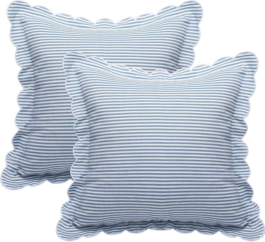 Newwiee 2 Pack Scalloped Pillow Cover 18 x 18 Inch Blue Stripe Throw Pillow Cover Cotton Decorati... | Amazon (US)