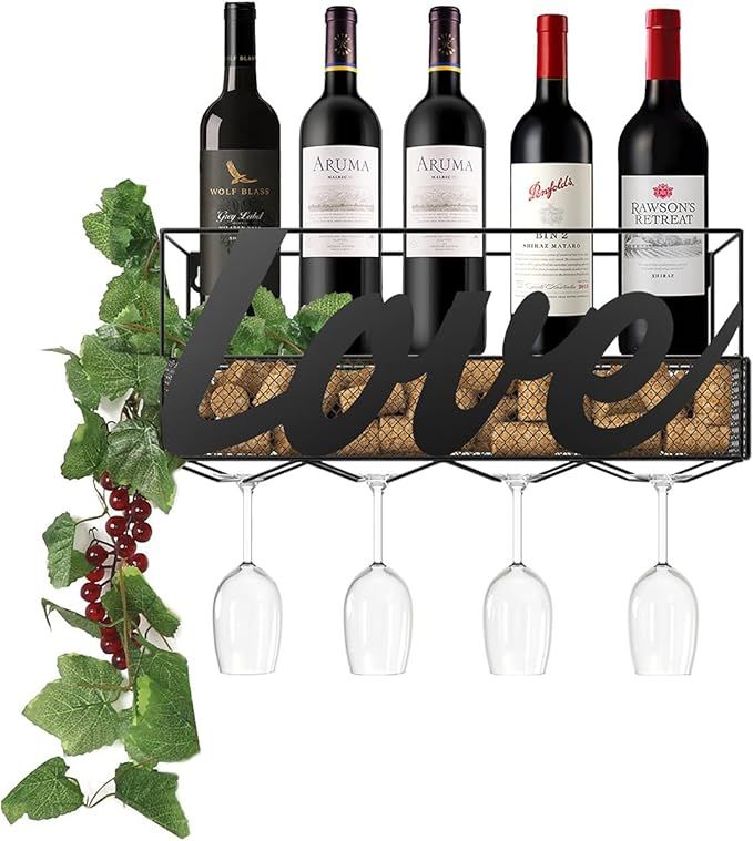 Nuovoware Wall Mounted Metal Wine Racks, 4 Long Stem Wine Glass Holder & Wine Cork Storage, Wall ... | Amazon (US)
