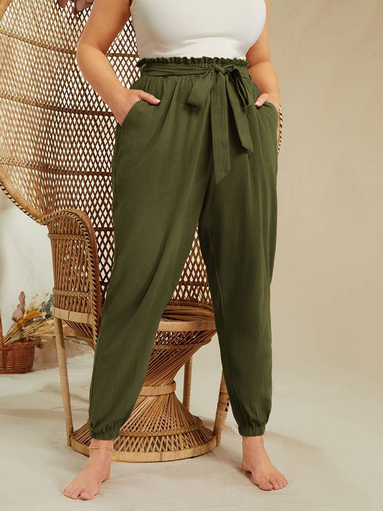SHEIN Plus Paperbag Waist Belted Pants | SHEIN