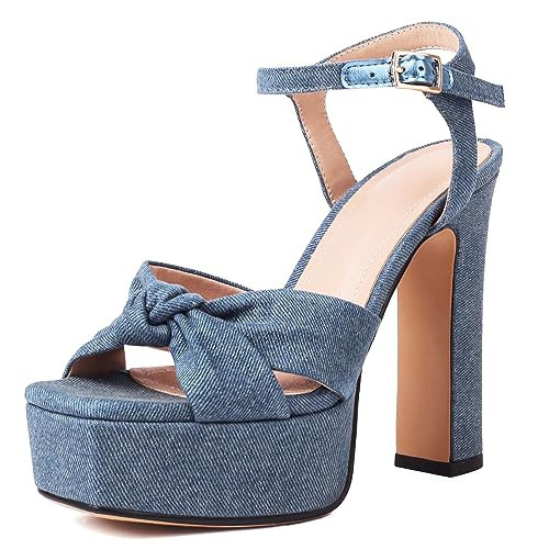 Latasa Women's Denim Heels Platform High Chunky Block Heels Ankle Strap Open Toe Heeled Sandals (9, Denim) | Amazon (US)
