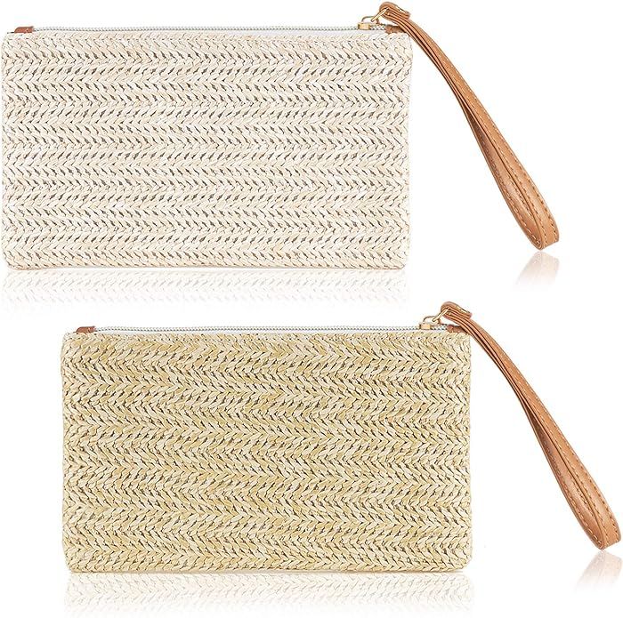 2 Pieces Straw Clutch Purse Straw Handbag for Women Summer Beach Straw Bag Bohemian Wristlet Bag | Amazon (US)