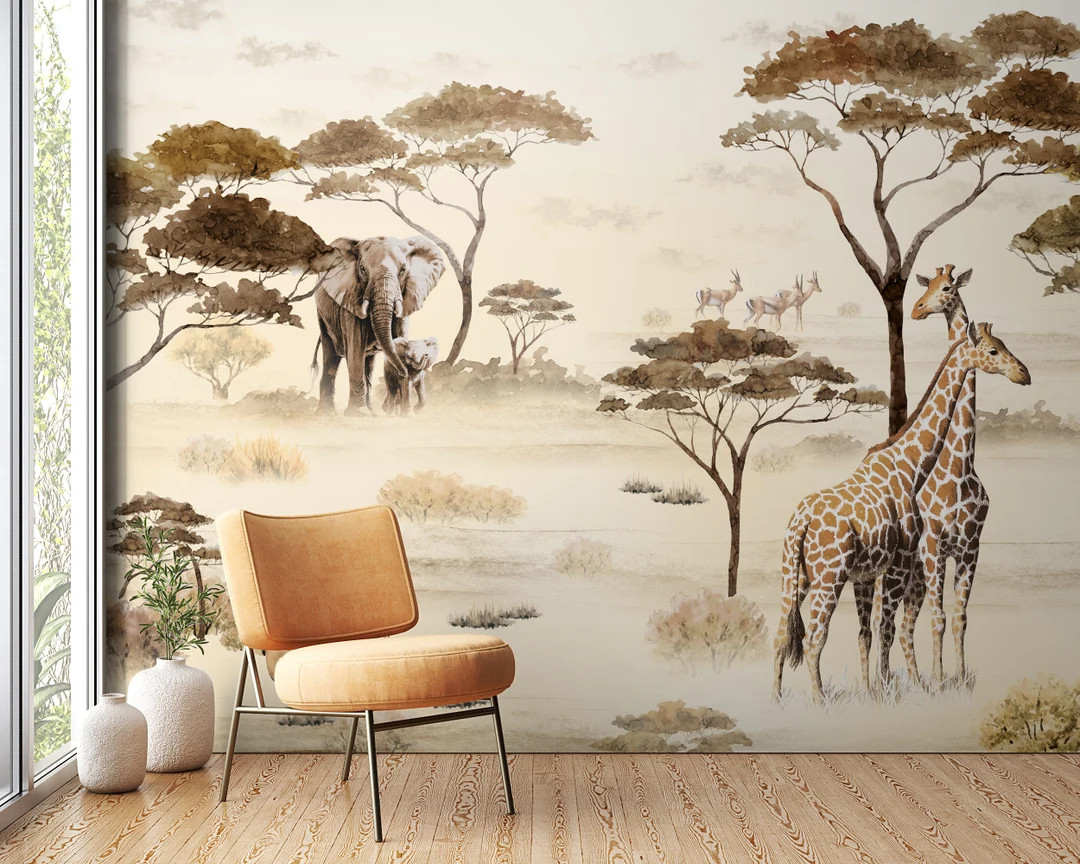 Safari Wallpaper for Bedroom Giraffes Lion and Elephant Mural Vintage Style Jungle Themed Peel an... | Etsy (US)