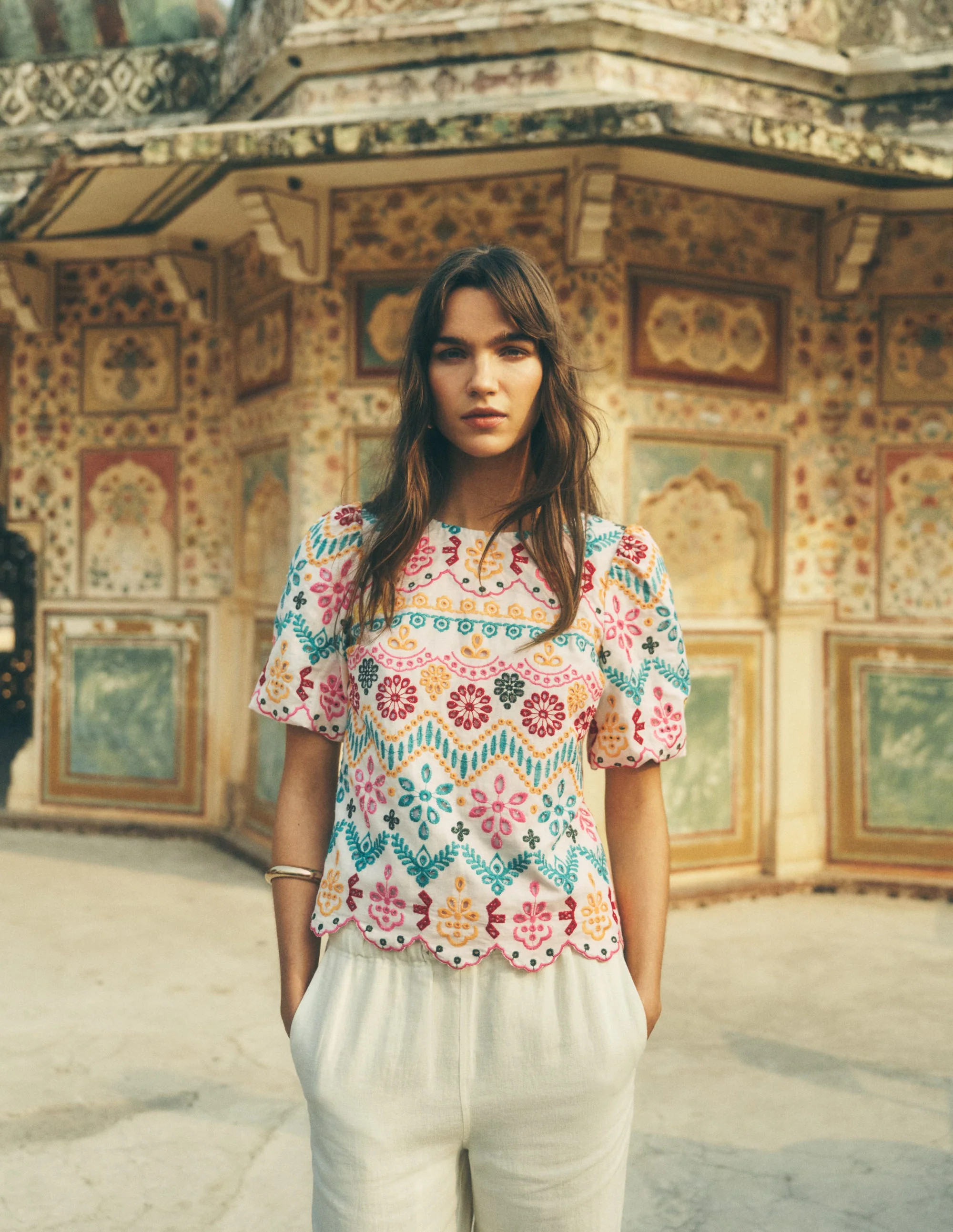 Linen Puff Sleeve Top-Multi Broderie | Boden (US)