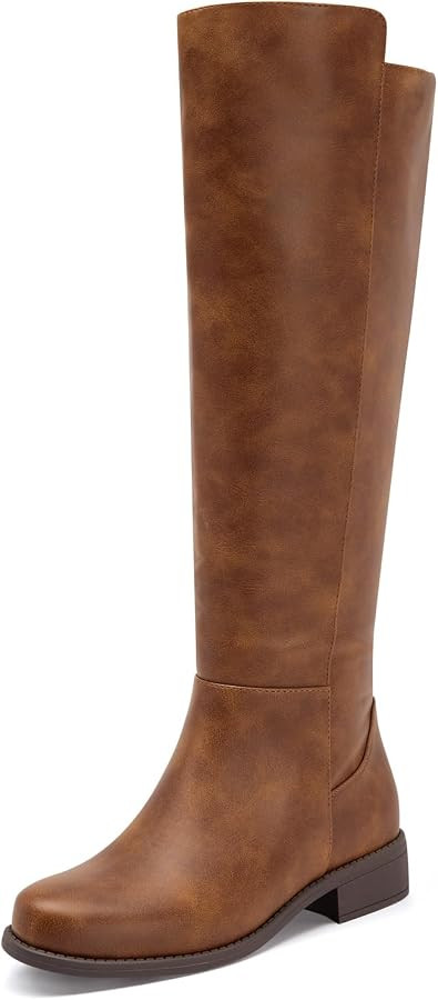 Coutgo Knee High Boots Women Flat Low Heel Round Toe Zip Riding Tall Boots | Amazon (US)