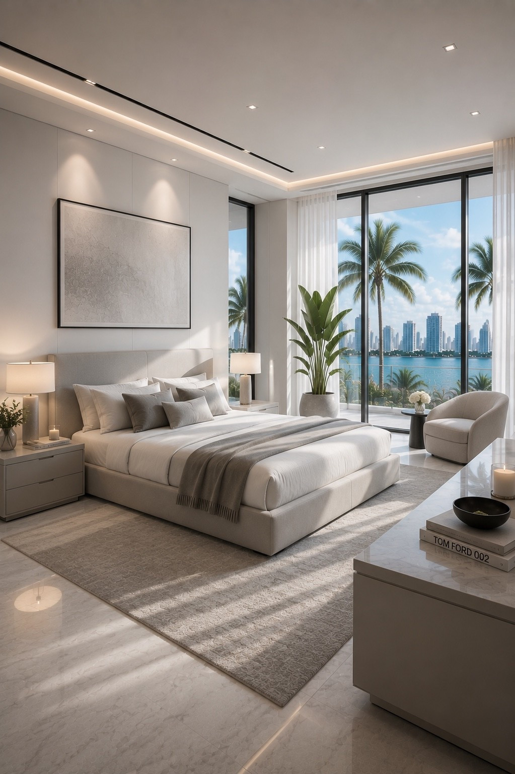 A serene modern bedroom featuring a soft upholstered bed, layered white and gray bedding, warm ambient lighting, and floor-to-ceiling windows overlooking Miami’s tropical waterfront. Neutral textures, clean lines, and sophisticated details create a bright, relaxing luxury retreat with an elevated hotel-inspired feel.

#bedroomdesign #luxurybedroom #modernbedroom #miamidesign #bedroomdecor #neutralbedroom #luxuryinteriors #moderninteriors #whitebedroom #bedroominspo #homedecor #interiordesign #designerhome #ltkhome #amazonhome #homeinspiration #modernluxury #luxuryhome #neutralhome #miamihome