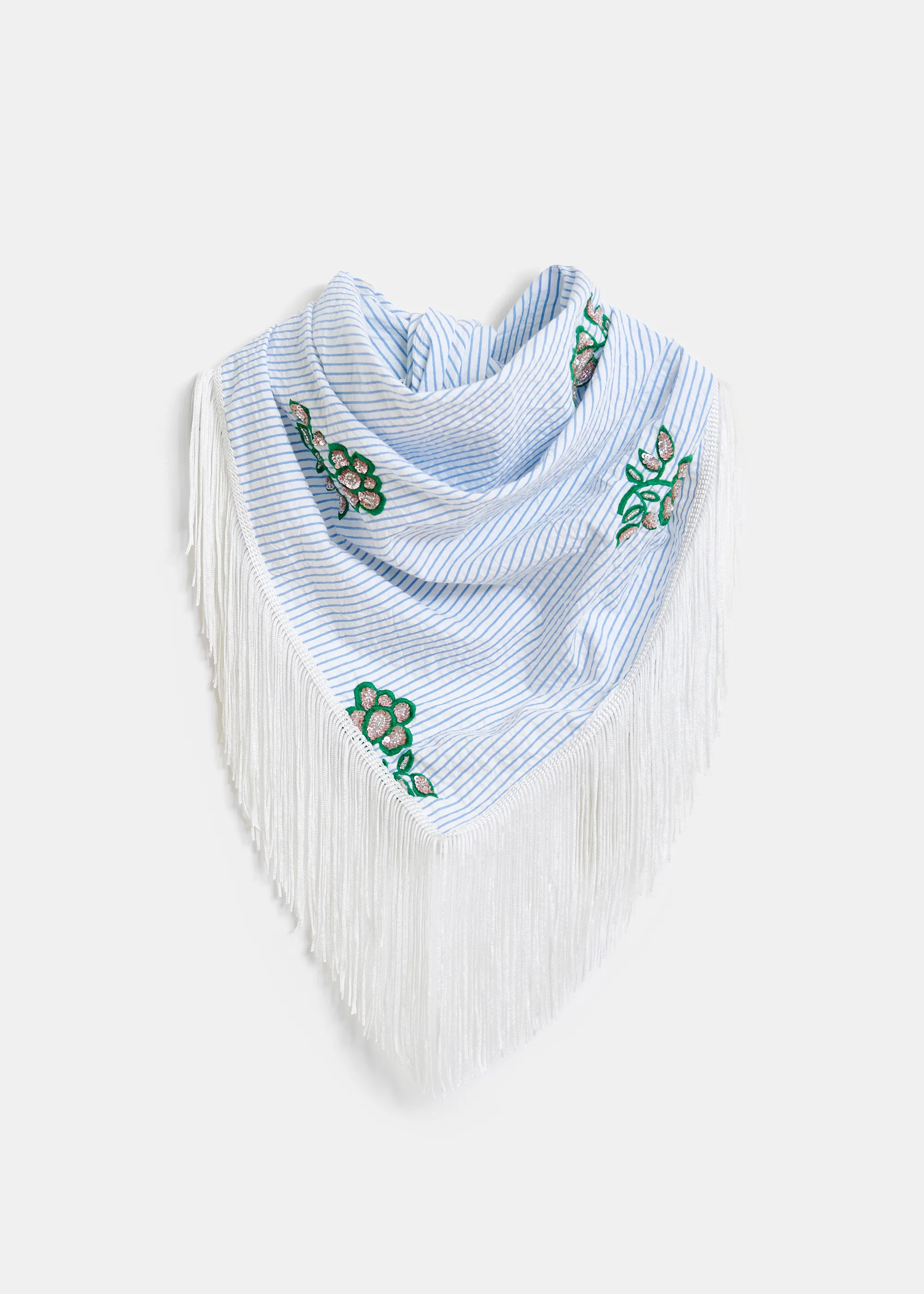 Off-white cotton scarf with light blue pinstripes and delicate embroidered embellishments | Essen... | Essentiel Antwerp
