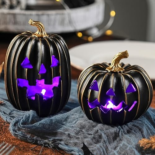 FESTGLOX 2Pcs Light Up Black Pumpkins for Halloween with Gold Lines, Small Jack O Lantern Pumpkins with Purple LED Light, Resin Halloween Pumpkin for Indoor Spooky Decor, Table (Battery Operated) | Amazon (US)