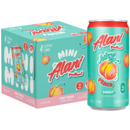 Alani Nu Sugar Free Energy Drink Mini, Juicy Peach, 8.4 fl oz, 4 Pack, Cans, 100mg Caffeine | Walmart (US)