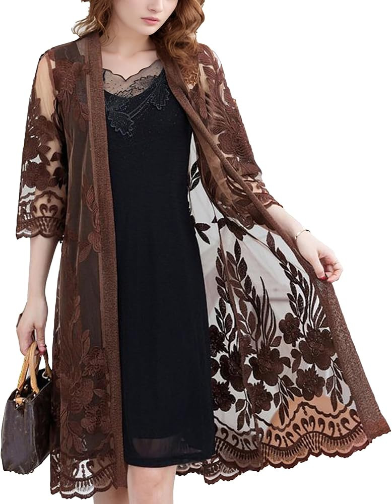 FindThy Women’s Floral Lace Embroidery Cardigan 3/4 Sleeve Sheer Mid-Long Coat Kimono Coverups | Amazon (US)