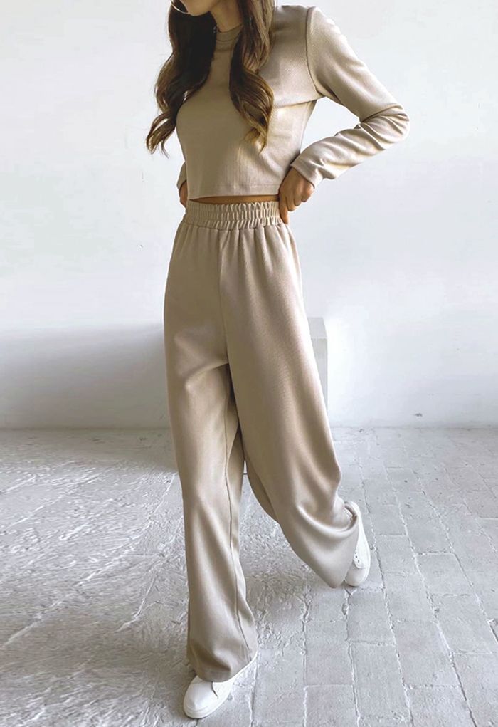 Ribbed Long Sleeves Knit Top and Wide-Leg Pants Set | Chicwish