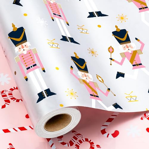 Yarcony Pink Nutcracker Christmas Wrapping Paper Jumbo Roll - 30 Inch X 33 Feet - Funny Reversible Pearly-Lustre Foil Gift Wrap w/Candy Cane Design for Chrsitmas Holiday Party Theater Present Decor | Amazon (US)