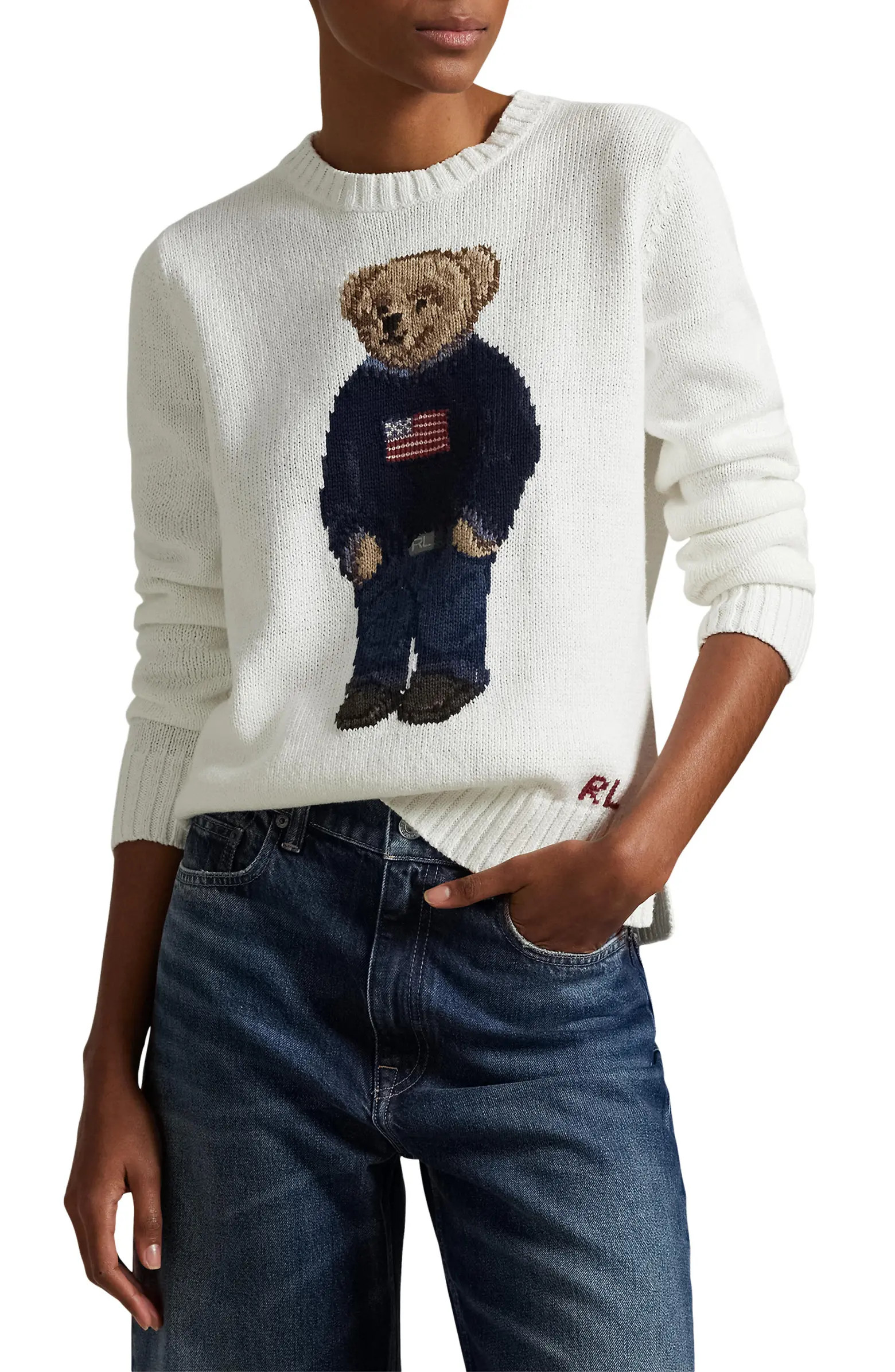 Polo Ralph Lauren Polo Bear Embroidered Linen & Cotton Crewneck Sweater | Nordstrom | Nordstrom