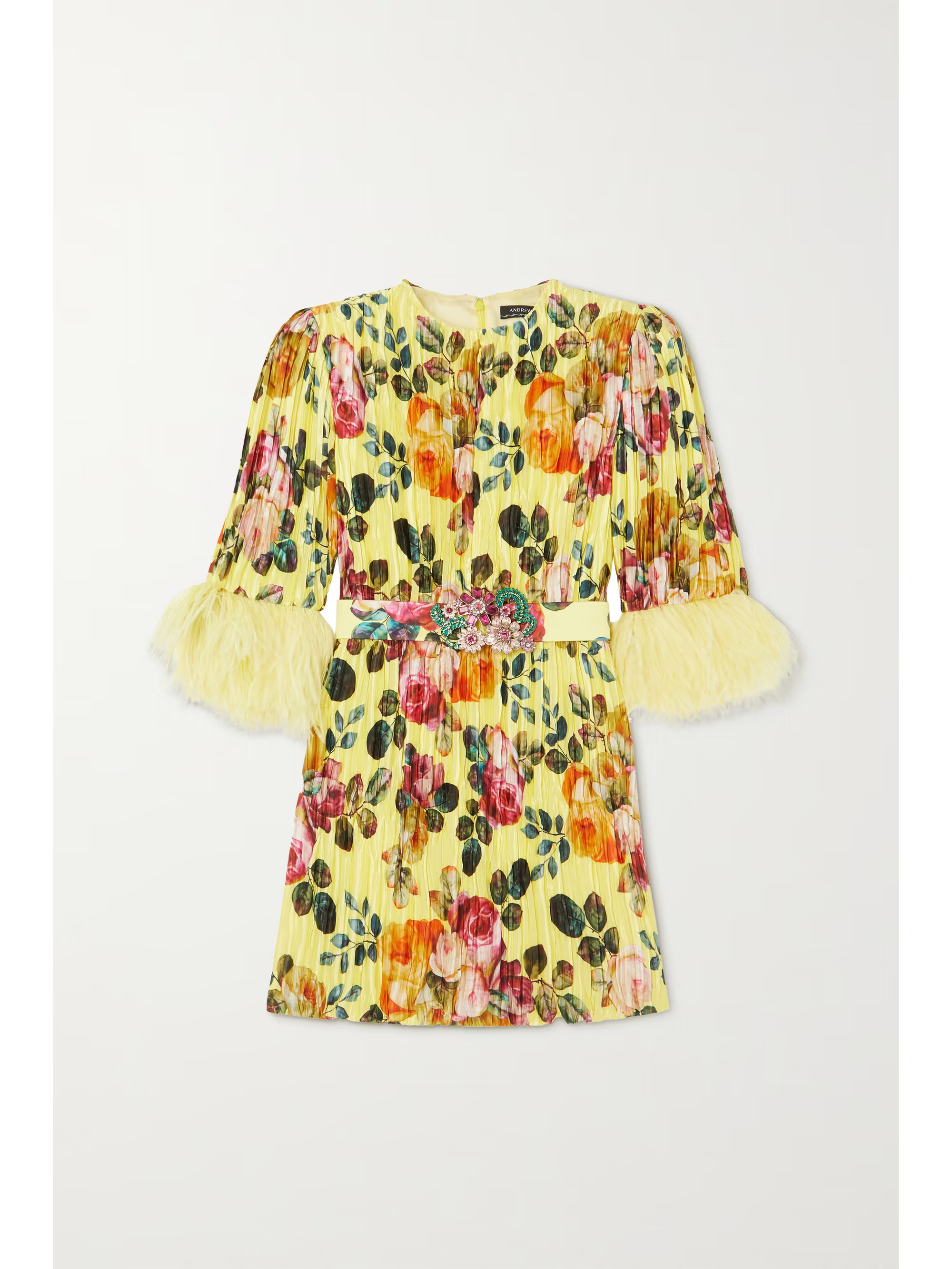Feather-trimmed floral-print plissé silk-satin mini dress | NET-A-PORTER (US)