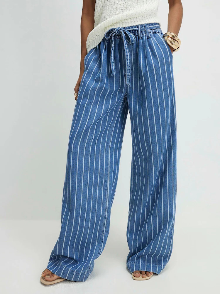 River Island Blue Mid Rise Stripe Wide Leg Paperbag Jeans | Next US
